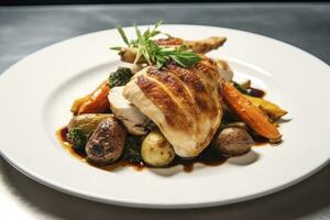 AI generated Plated chicken roast dinner on a white plate with carrot and morel mushroom. AI Generated. photo