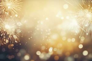 AI generated Gold Vintage Fireworks and bokeh on New Year's Eve and copy space. AI Generated photo