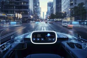 AI generated Modern smart car technology intelligent system using Heads up display HUD Autonomous self driving mode vehicle on city road with graphic sensor radar signal system intelligent car. photo