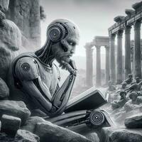 AI generated robot sits thoughtfully on the ruins of an ancient city and reflects on a book photo