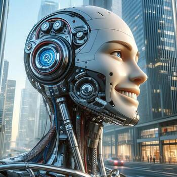 AI generated portrait in profile of a smiling robot photo