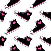 Seamless pattern with emo element. Y2k style. Sneakers boot with hearts. Black and pink. Vector flat illustration.