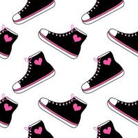 Seamless pattern with emo element. Y2k style. Sneakers boot with hearts. Black and pink. Vector flat illustration.