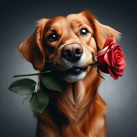 AI generated a beautiful dog with a rose flower in its mouth photo