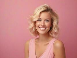 AI generated portrait of a pretty blonde woman in pink dress on a pink background photo