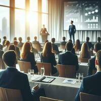 AI generated people in a conference room looking at a blurred speaker photo