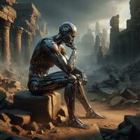 AI generated robot sits thoughtfully on the ruins of an ancient city and reflects photo