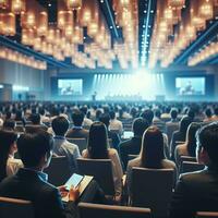 AI generated people in a conference room looking at a blurred speaker photo