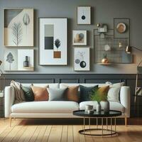 ai generado moderno diseño vivo habitación con sofá, pinturas y mueble foto