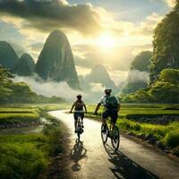 ai generado dos ciclistas montando mediante un hermosa natural paisaje foto