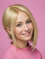 AI generated portrait of a pretty blonde woman in pink dress on a pink background photo