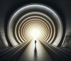 AI generated man walks towards the light inside a round futuristic tunnel in the shape of a ring photo