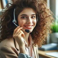AI generated Friendly female hotline operator with curly dark hair with headphones in call center photo
