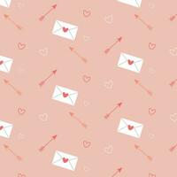 Vector pattern peach background with envelopes and arrows, Valentine's day pattern