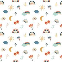 a seamless pattern with rainbows, sun, clouds and flowers boho colorful vector nursery