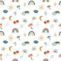 a seamless pattern with rainbows, sun, clouds and flowers boho colorful vector nursery