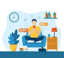 man using phone, sitting legs crossed on chair at home. man running remotely on freelance, job on smartphone, communicates through social networks. Vector illustration in flat style