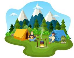 Group of young people are sitting around campfire. Young tourists, campers cartoon characters. Man playing guitar. Vector illustration in flat style