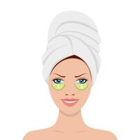 hermosa joven apariencia mujer en toalla en cabeza y rebanadas Pepino en su rostro. salud y belleza spa tratamiento. vector ilustración en plano estilo