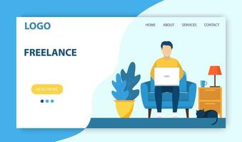 Freelance work landing page template. Concept design for poster, banner, flyer, web page. man with laptop sitting on the chair with crossed legs. Vector illustration in flat style