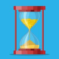 Old style hourglass clocks with dollar coins inside. Time is money concept. Vector illustration in flat style