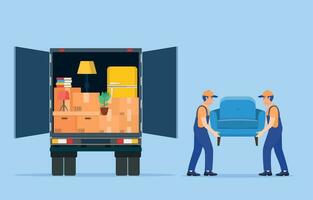 Moving house service. Moving with sofa and various boxes to new home. Delivery service concept. Delivery truck with a bunch of boxes. Vector illustration in flat style