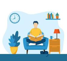 Young man reading book on chair at home. Education, reading, studying. Vector illustration in flat style.