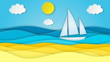 Sea landscape with beach, waves, clouds. Sailboat in the sea. Paper cut out digital craft style. abstract blue sea and beach summer background with paper waves and seacoast. Vector illustration