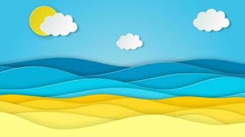 mar paisaje con playa, ondas, nubes papel cortar fuera digital arte estilo. resumen azul mar y playa verano antecedentes con papel olas y litoral. vector ilustración