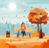 contento niña sentado en un banco con un taza de café, debajo un árbol con que cae hojas en un parque. hermosa otoño ciudad parque con banco. vector ilustración en plano estilo