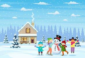 happy new year and merry Christmas greeting card. Christmas landscape.Children building snowman. Winter holidays. Vector illustration in flat style