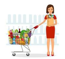 mujer compras en supermercado. compras carro. mujer sostener tienda de comestibles papel compras bolso con alimento. vector ilustración en plano estilo