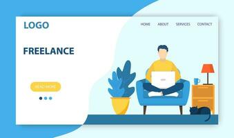 Freelance work landing page template. Concept design for poster, banner, flyer, web page. man with laptop sitting on the chair with crossed legs. Vector illustration in flat style