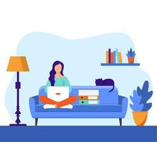 girl with laptop sitting on the sofa. Freelance or studying concept. web page design template for online education, training and courses, learning, video tutorials. Vector illustration in flat style