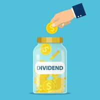 Dividend concept. Improve profit. Man puts a gold coin in the box. Dollar coins in the bank. Save up money. Vector illustration in flat style