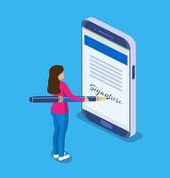Electronic contract or digital signature concept. Business Woman puts signature. Flat 3d web isometric contract signature infographic concept. Vector illustration in flat style