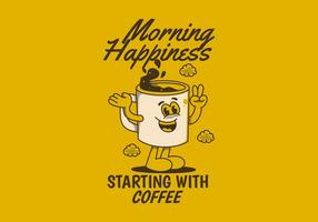 Mañana felicidad comenzando con café. Clásico mascota personaje de café jarra con contento cara vector