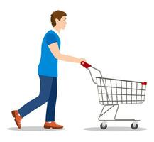 man pushing supermarket shopping cart. isolated on white background. Vector illustration in flat style