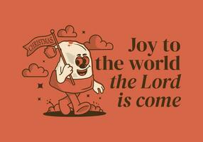 Joy to the world the Lord is come. Character illustration of walking Christmas hat vector