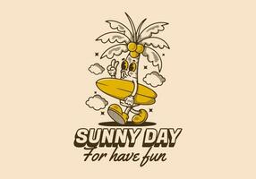 Sunny day for have fun. Mascot character illustration of coconut tree holding a surfing board vector