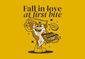 Fall in love at first bite. Character of pizza holding a box pizza vector