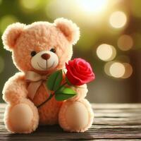AI generated Cute fluffy Teddy bear with a red rose. Valentine's Day photo