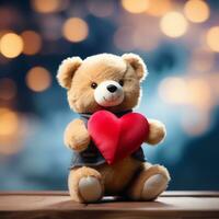 AI generated Cute fluffy Teddy bear with a red heart. Valentine's Day photo