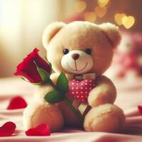 AI generated Cute fluffy Teddy bear with a pink heart and red rose. Valentine's Day photo