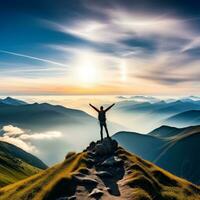 AI generated Silhouette of hiker with arms raised celebrating success on mountain top in panoramic mountain photo
