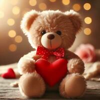 AI generated Cute fluffy Teddy bear with a red heart. Valentine's Day photo