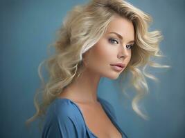 AI generated portrait of a beautiful blonde woman on a blue background photo