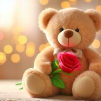 AI generated Cute fluffy Teddy bear with a red rose. Valentine's Day photo