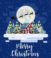 Papa Noel claus moscas terminado el casa en el nieve. Navidad saludo tarjeta o póster. alegre Navidad día festivo. nuevo año y Navidad celebracion. vector ilustración en plano estilo .