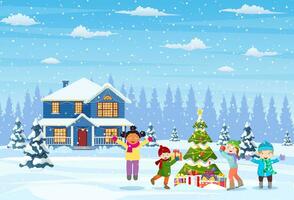 contento nuevo año y alegre Navidad saludo tarjeta. Navidad paisaje. niños decorando un Navidad árbol. invierno vacaciones. vector ilustración en plano estilo